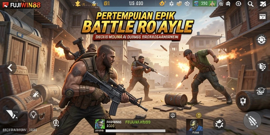 Screenshot menampilkan aksi menegangkan dalam permainan FUJIWIN88 Battle Royale.