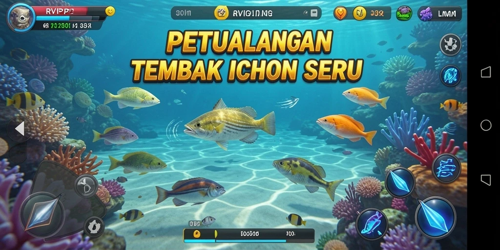 Screenshot permainan RVIP2 dengan aksi menembak ikan yang seru.